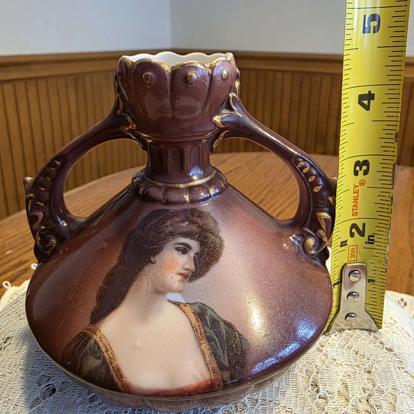 Antique Victorian Porcelain Squat Bud Vase 2 Handled Austria Portrait Vintage