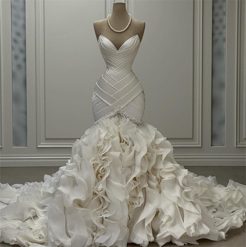 Exquisite Mermaid Pearl Princess Wedding Dresses Zip Ruffles Tiered Bridal Gowns