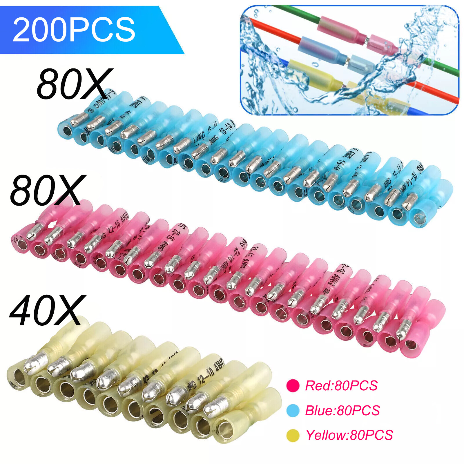 200pcs Heat Shrink Bullet Wire Connectors 22-10AWG Male Female Crimp Terminals