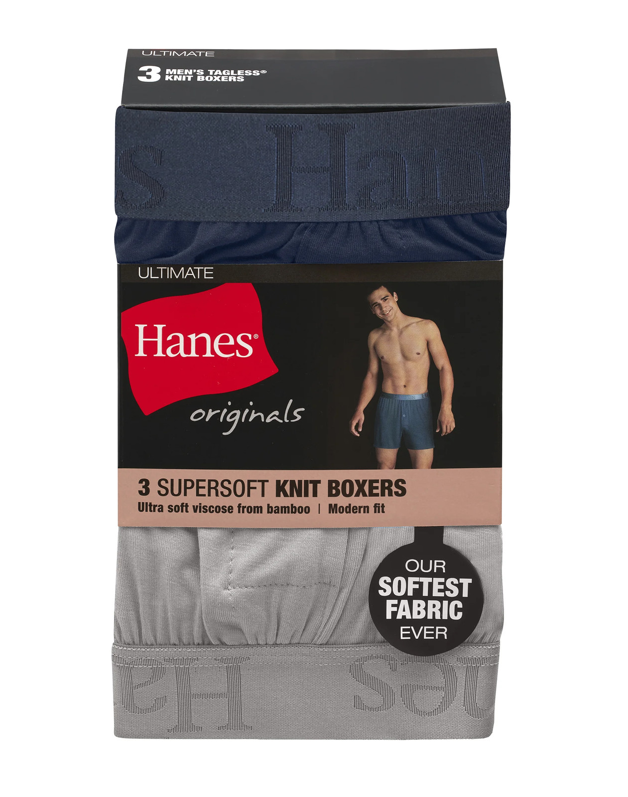 Hanes Originals Ultimate Men's SuperSoft Knit Boxer Underwear, Blue/Grey/Red,