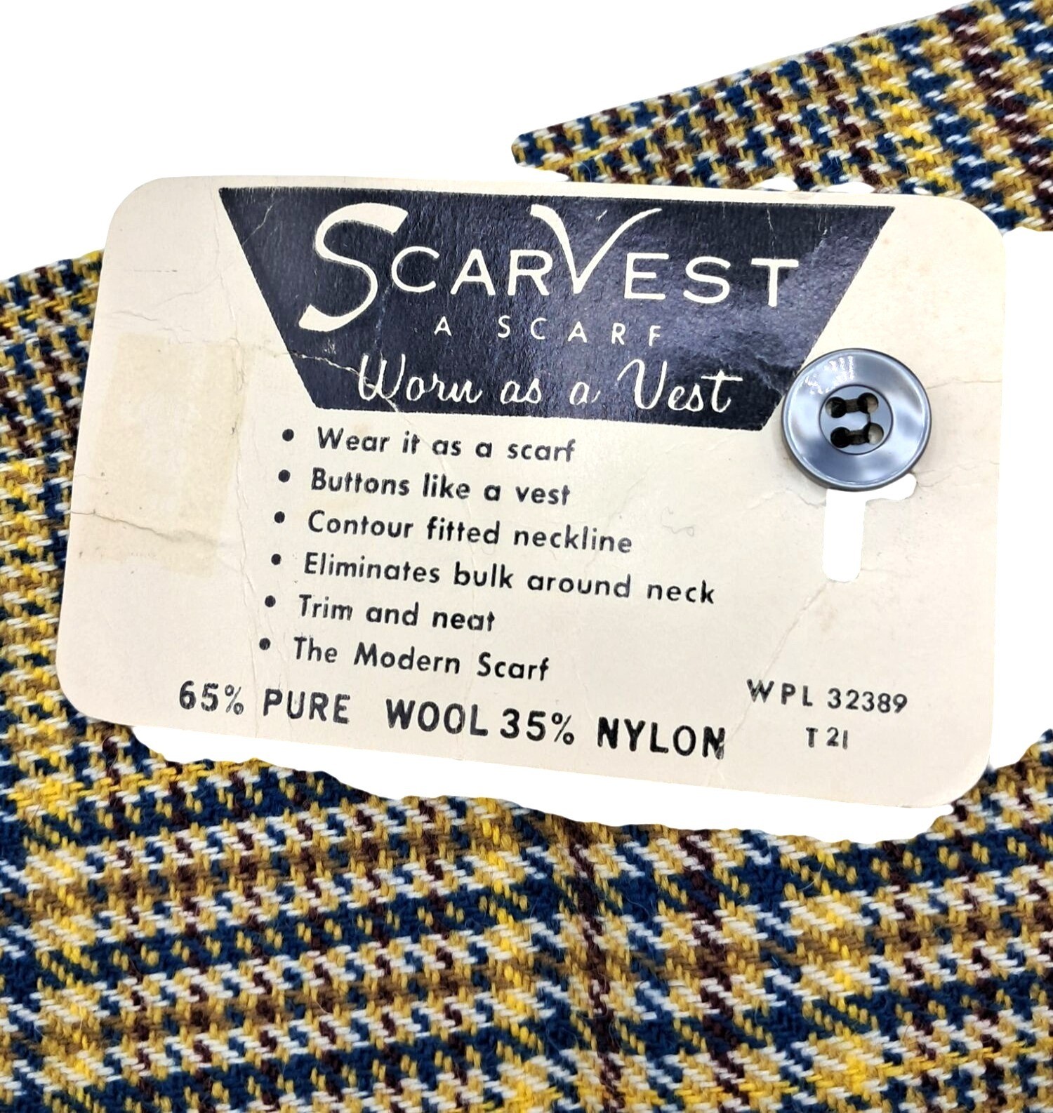 Vintage Scarvest Wool Nylon Plaid Scarf Vest Convertible Accessory Multi Button