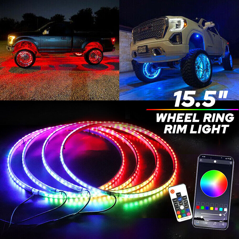 Pack of 4 15.5'' RGB Wheel Ring Lights LED Light For Truck Car Rim Lights APP