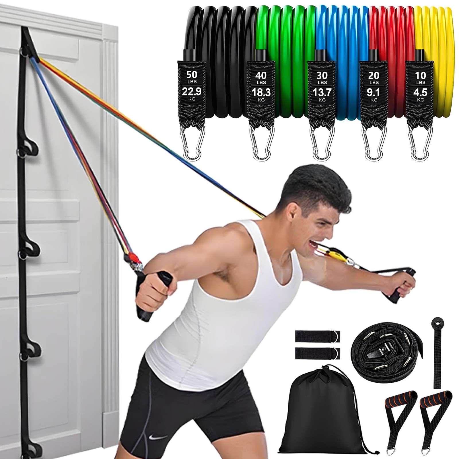 Resistance Bands Set with Door Anchor Training System, 5 Colors Stackable up ...