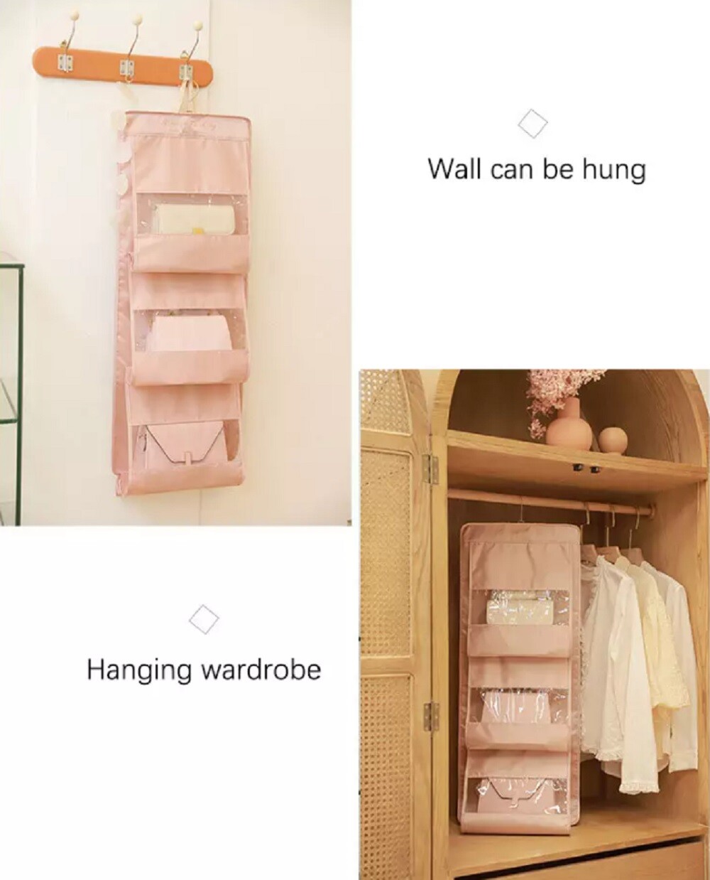 Hanging Handbag Organizer for Wardrobe - 6 Pocket Shelf Bag Storage Holder