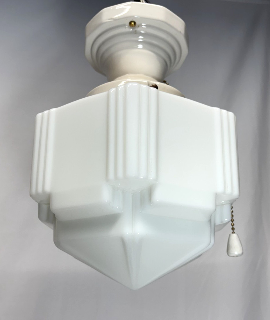 Skyscraper Shade Porcelain Ceiling Light Fixture Vtg Art Deco Glass USA #L44