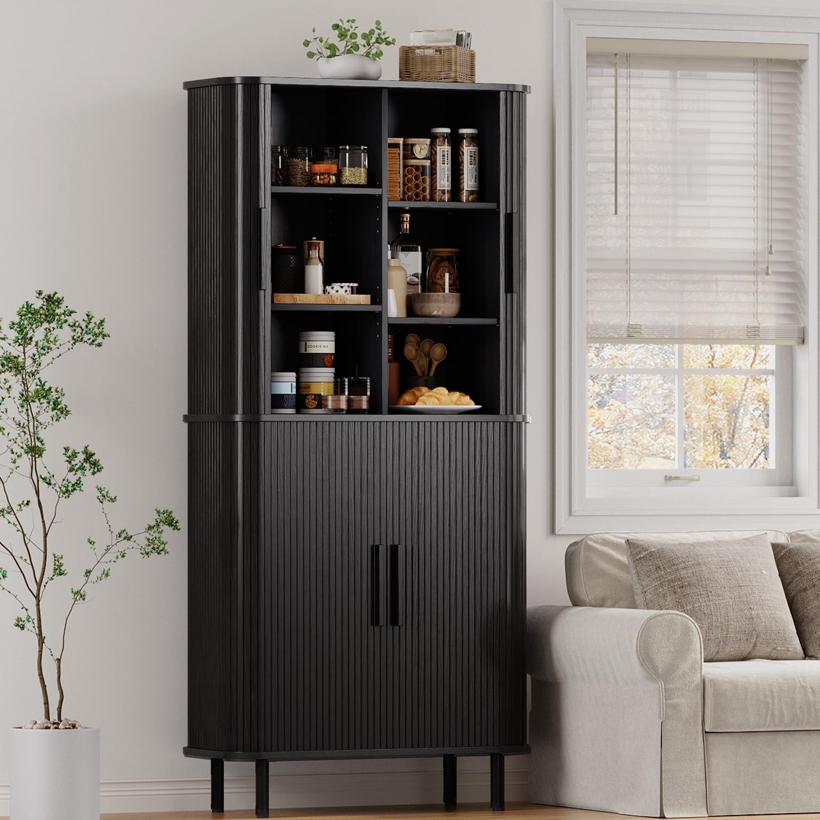 71" Fluted Kitchen Pantry Cabinet, Tall Storage Cabinet (Black)