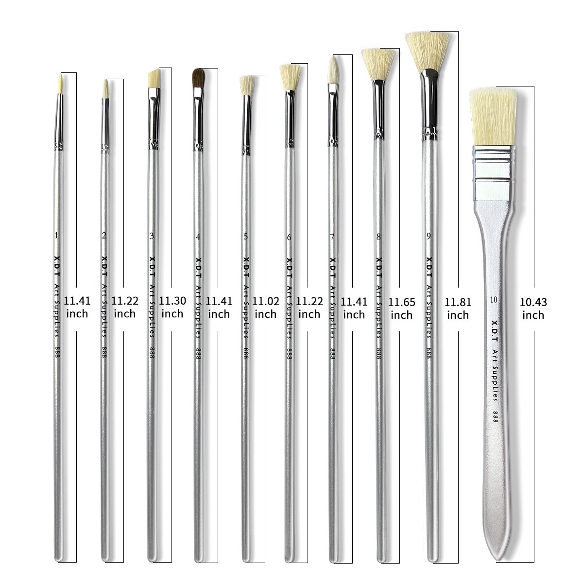 XDT#888-2 Assorted Art Brush Set 10Pc X-Long Handle Acrylic Oil Watercolor