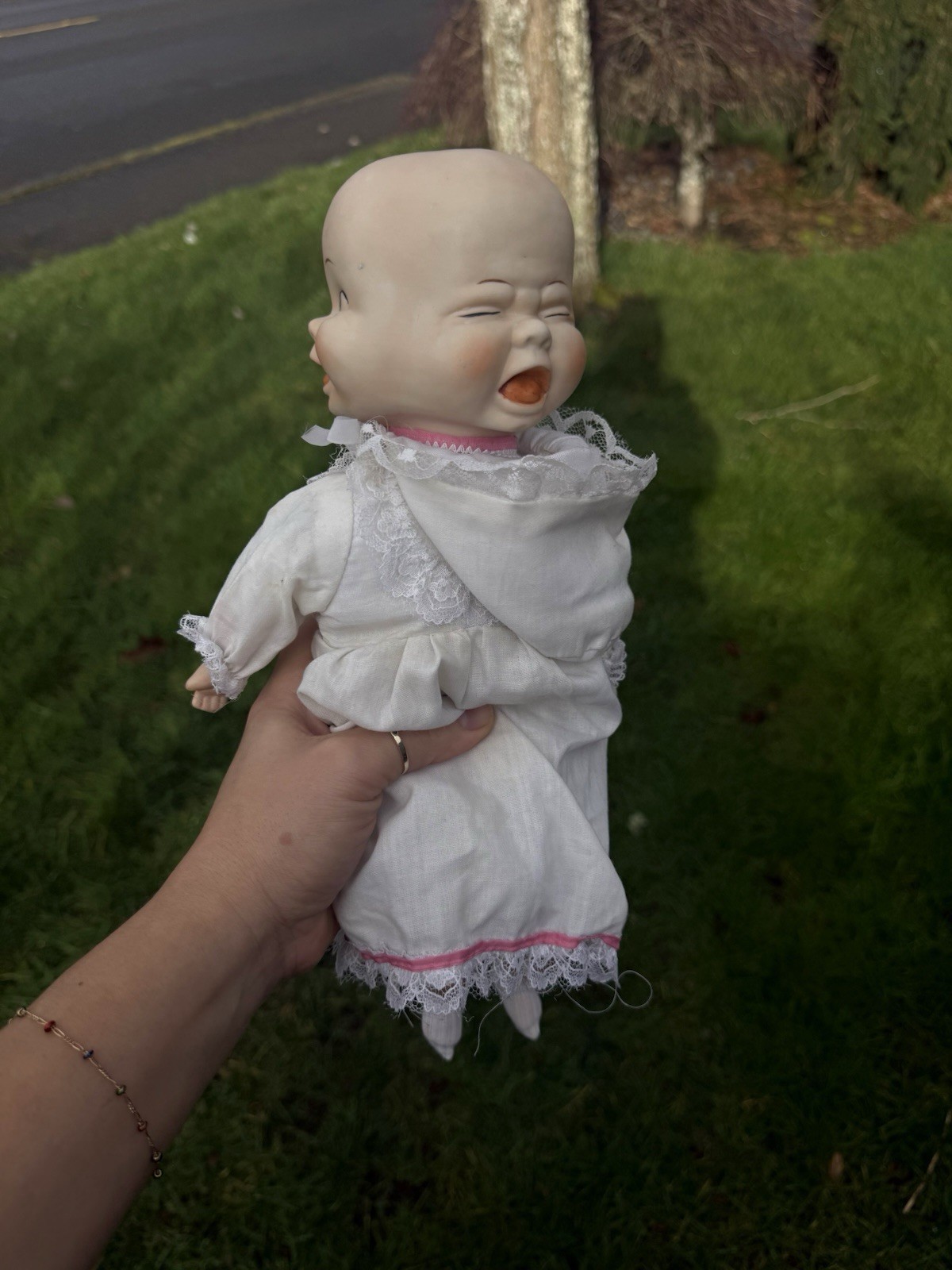 Vintage 13” Three Faced Bisque Porcelain Doll With Bonnet Triple Head Taiwan