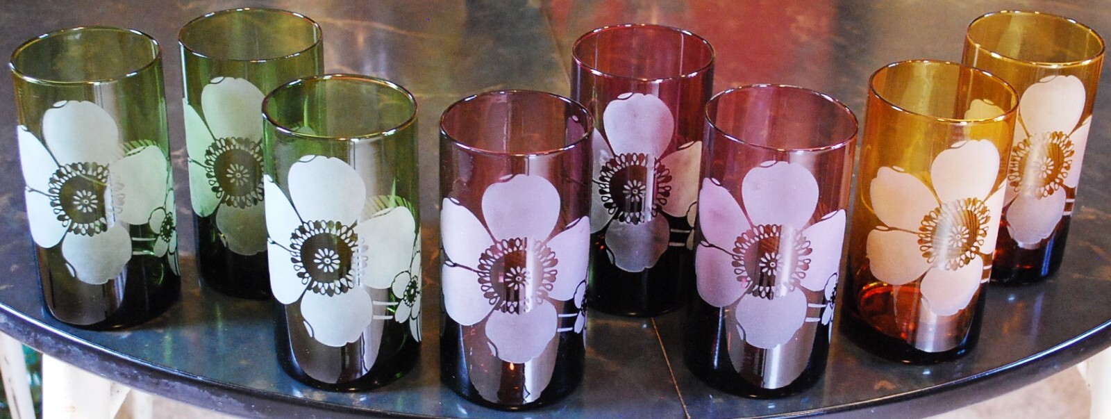 Vtg Set 8 PIER 1 Tumbler Glasses ETCHED FLOWER Hand Blown 6" Multicolor 20 Ounce