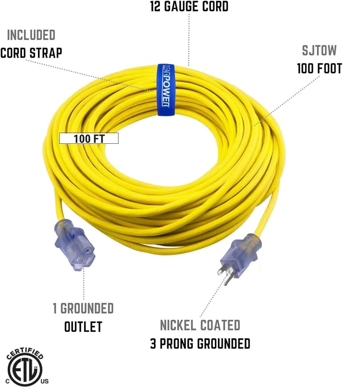 Clear Power 100ft 12/3 SJTOW Yellow Oil Resistant Outdoor Extension Cord