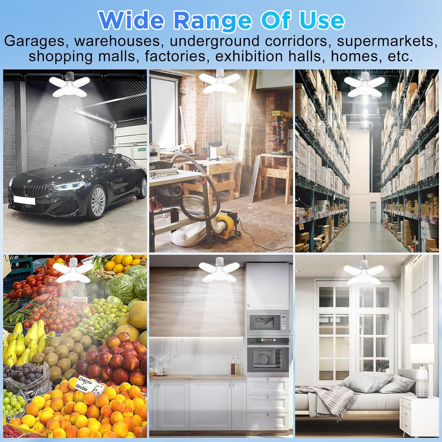 3 Pack LED Garage Light Bulb Deformable Ceiling Fixture Lights E27 Workshop Lamp