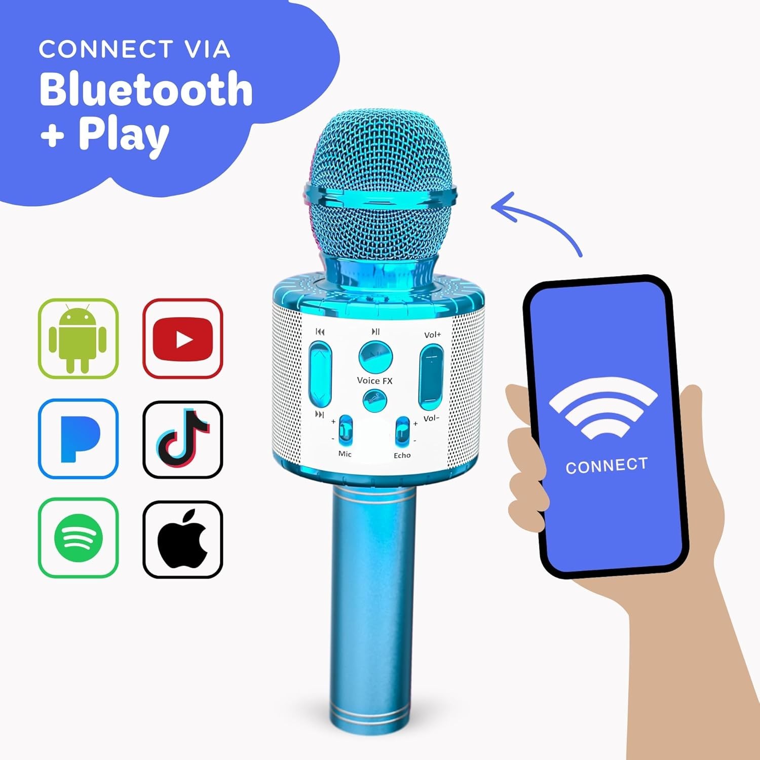 Wireless Bluetooth Karaoke Microphone for Kids, 5-in-1 Portable Handheld Blue