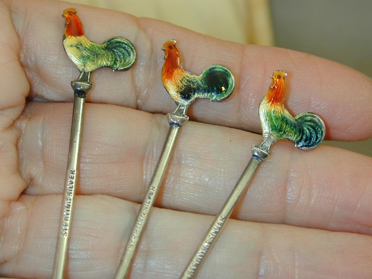 Art Deco Sterling Guilloche Enamel Rooster Cocktail Picks Original Box