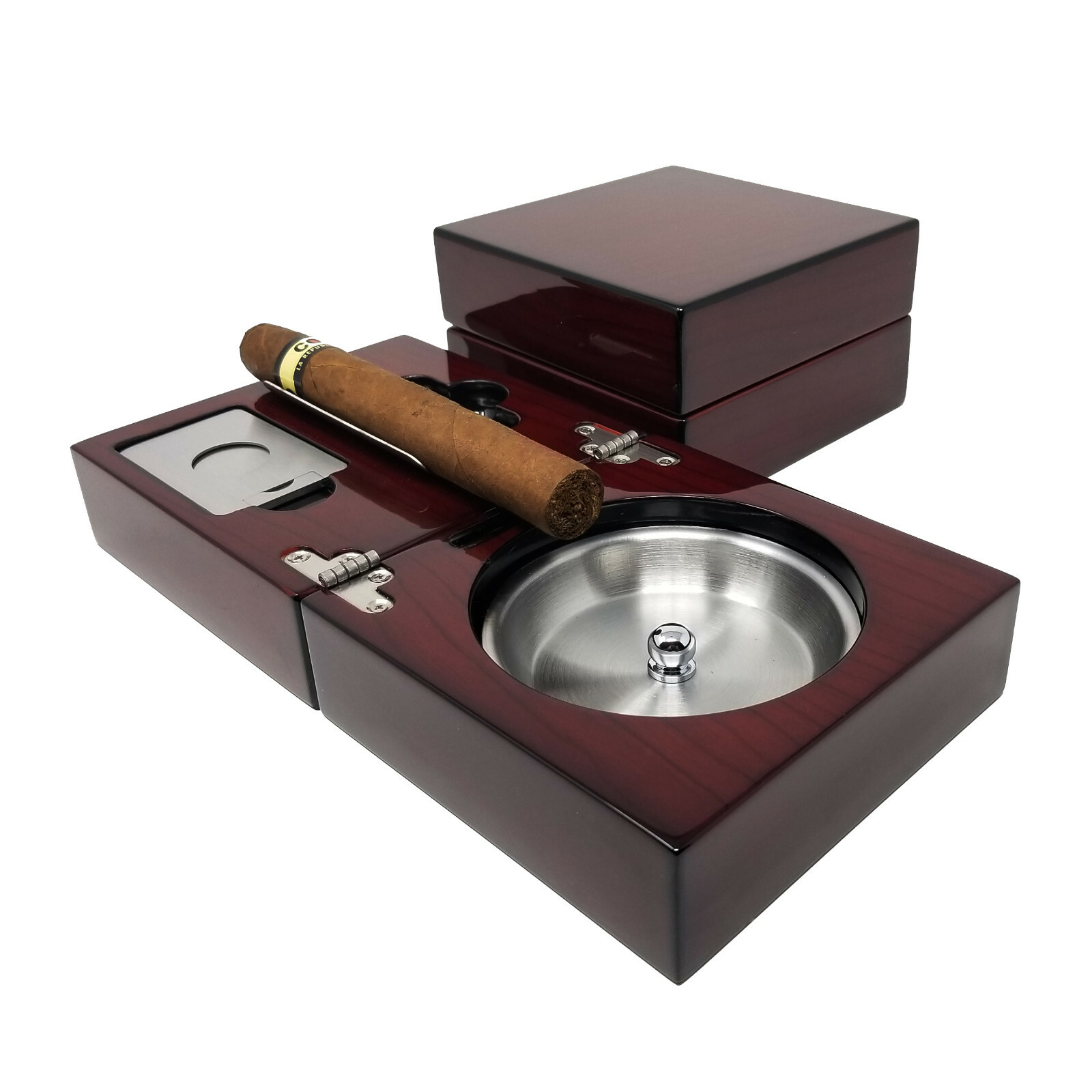 Wood Folding Low Luster,Cigar  Ashtray with Guillotine Cutter & Bullet Punch Set