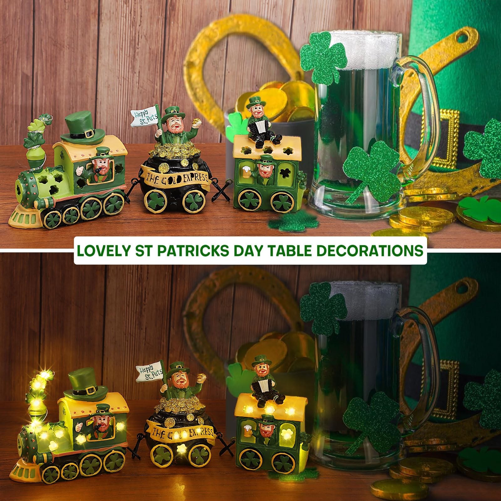 St Patricks Day Decorations Train for Home, Lighted Leprechaun Figurine Train...