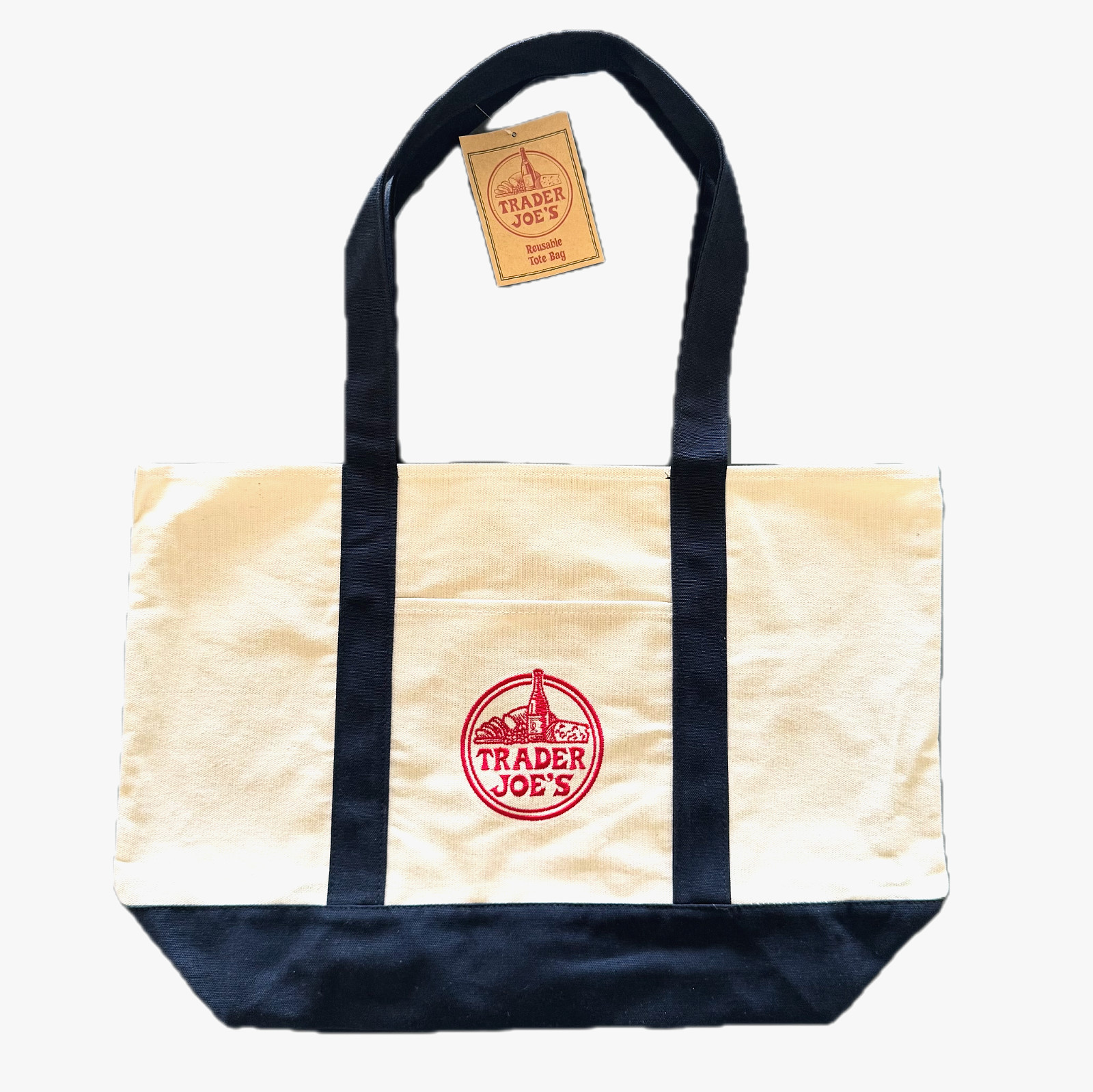 TRADER JOE'S LARGE CANVAS BAG HEAVY COTTON REUSABLE SHOPPING BAG LARGE NAVY BLUE