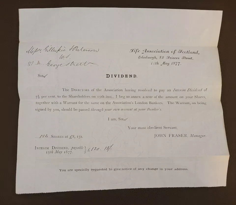 1877 Life Association of Scotland, Dividend Notice for Messrs Gillespie Paterson