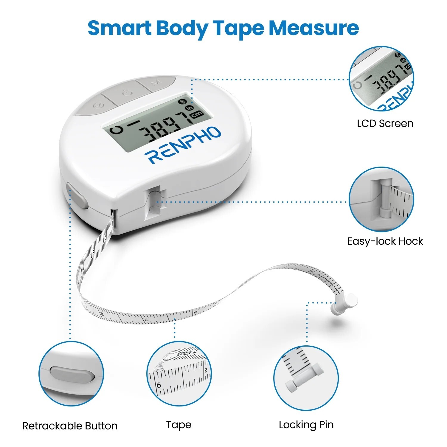 RENPHO Smart Tape Measure Body Measuring Tape for Weight Loss Bluetooth Tape US