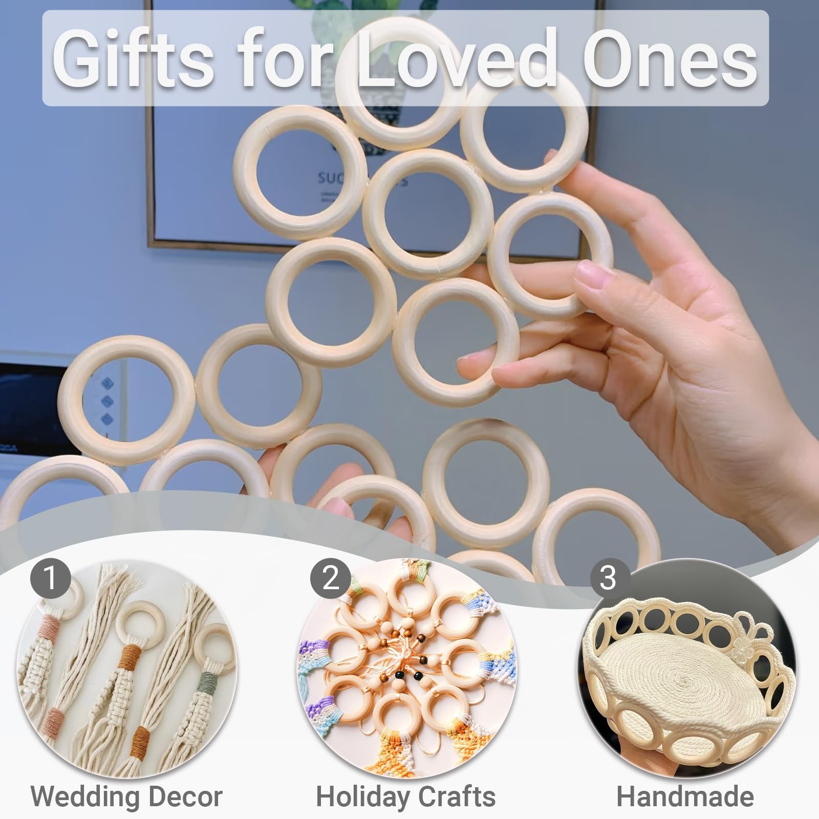 33pcs Wooden Rings for Crafts 3 Sizes Natural Wood Hoops for Macrame DIY Decor