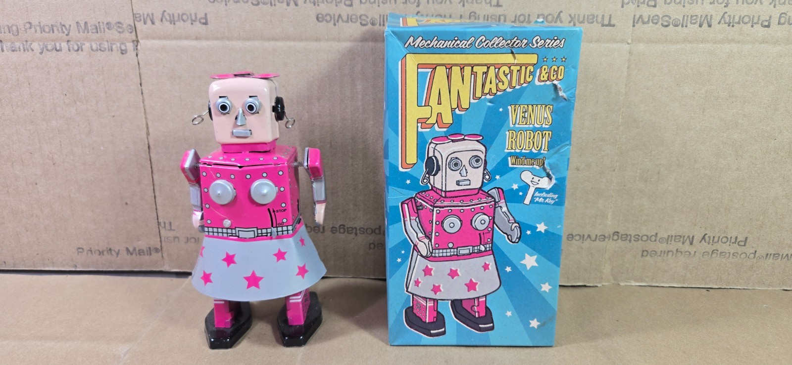 Vintage Venus Robot Ms 461 Pink Windup Tin Toy with Original Box and Key