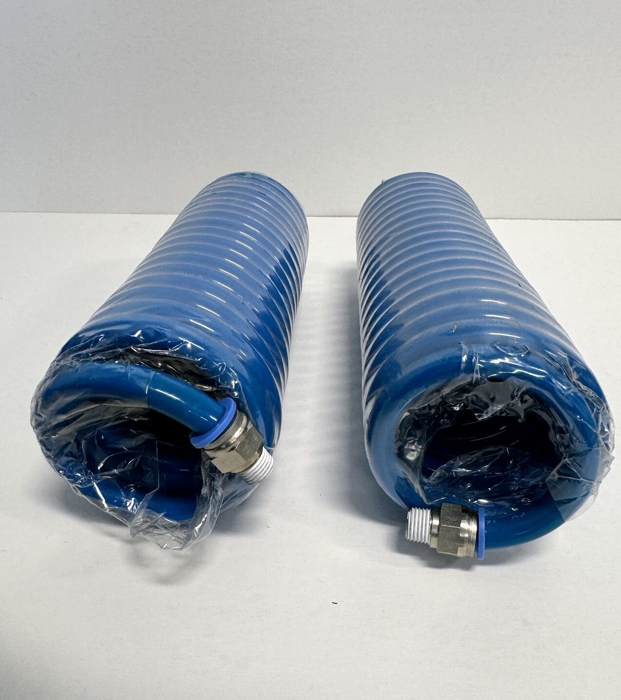 2 Pack Recoil Air Hose 12 ft 1/4 in PU Polyurethane Blue w/ Fittings – NEW