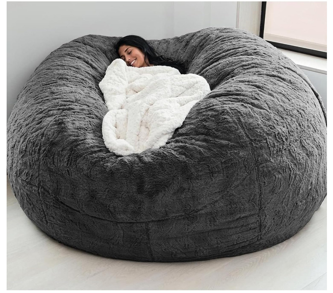 7FT Giant Faux Fur Bean Bag Sofa Chair Soft Protect Cover No Filling - Gray