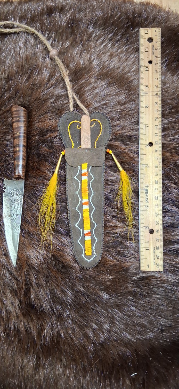 18th Century Native American Handcrafted Porcupine Quilled Neck Knife Sheath