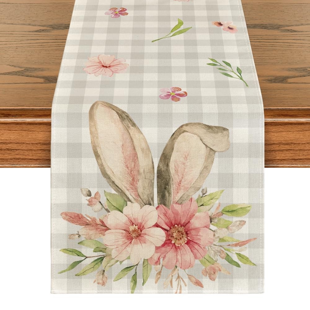 Buffalo Plaid Bunny Rabbit Ears Flower Easter Table Runner, Spring Summer Sea...