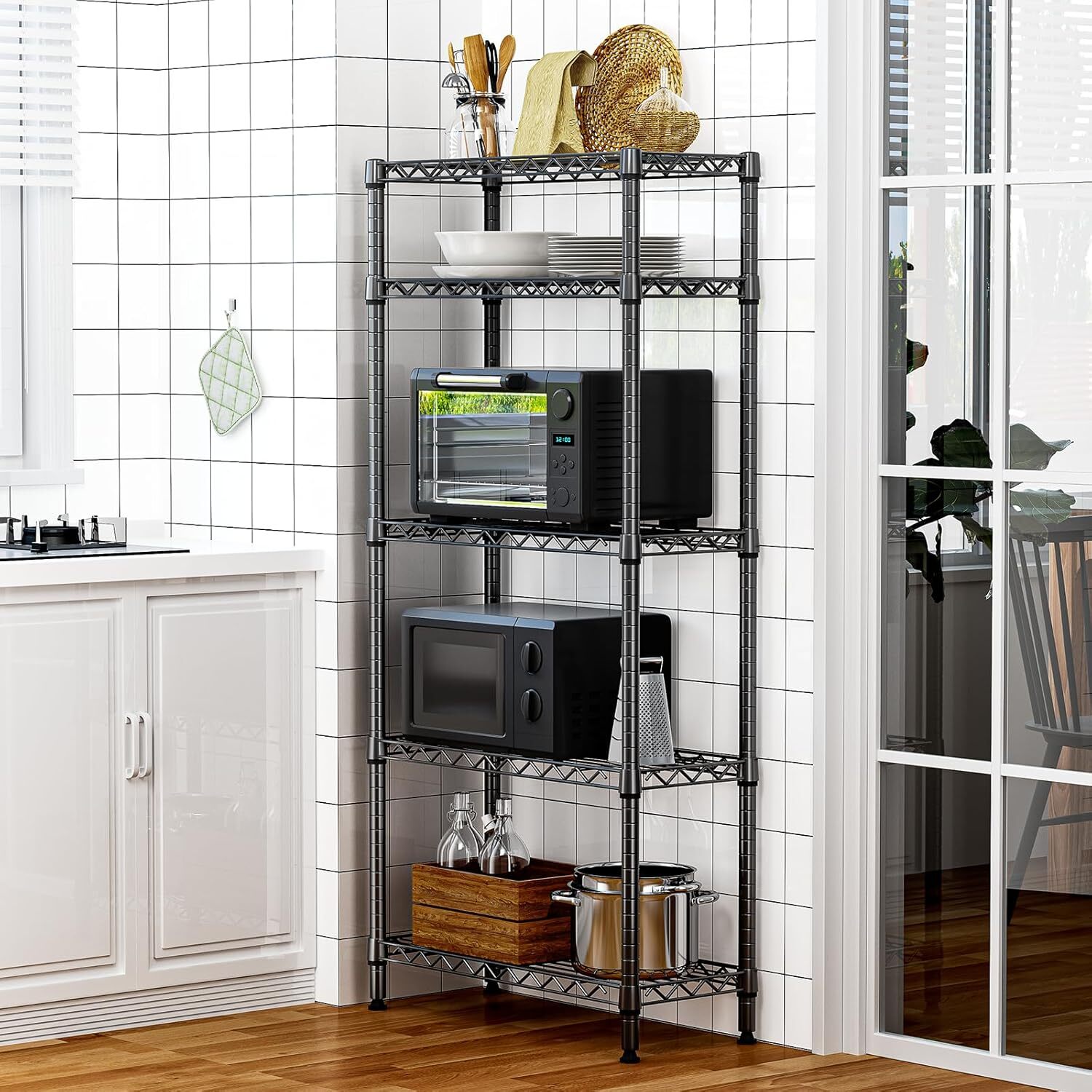 5 Tier Wire Storage Shelf Unit Steel Shelving Black Wire Pantry Shelves 12*28*58