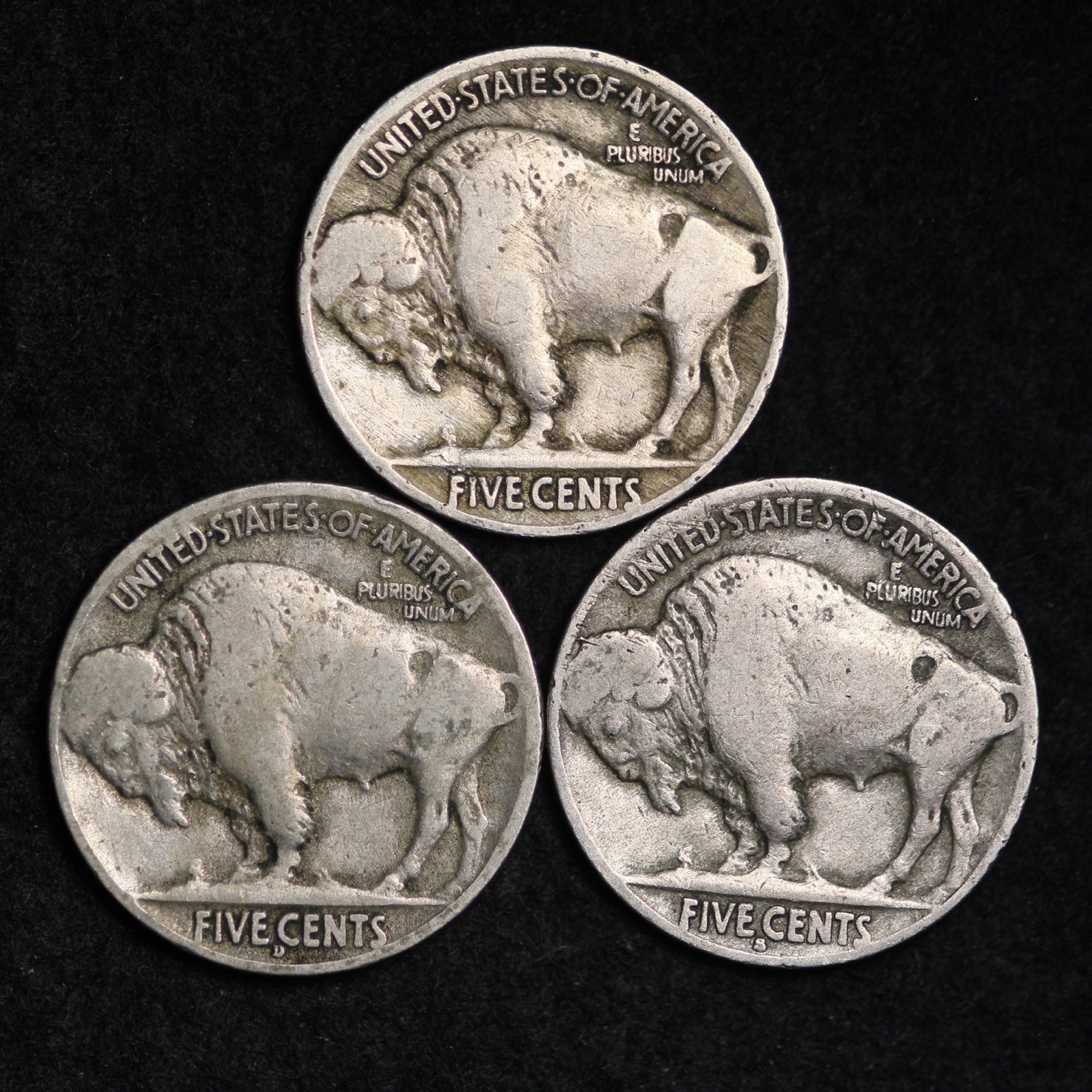 SET OF 3 COINS 1916 P D S Buffalo Nickels G / VG FREE SHIPPING