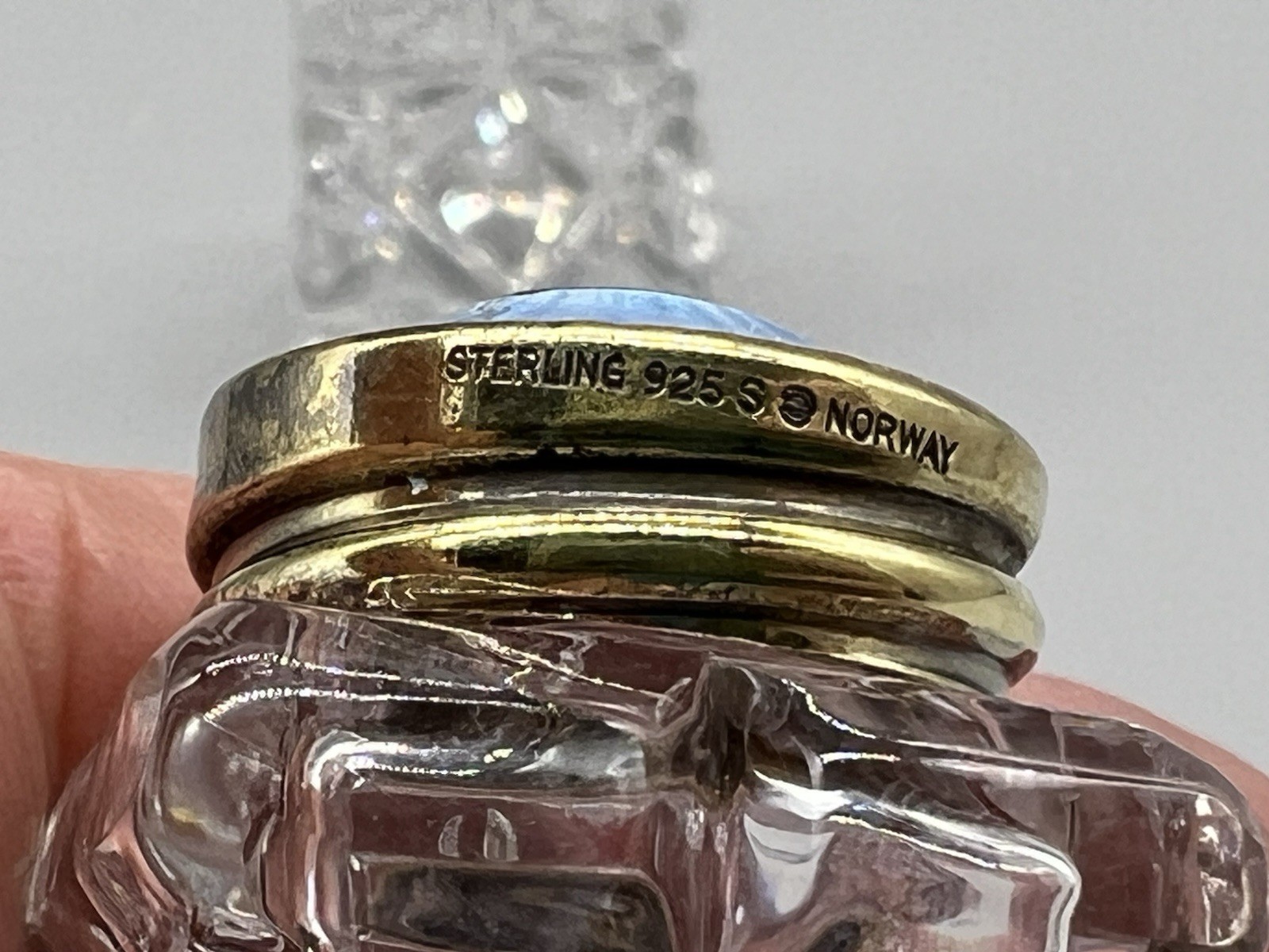 2 VTG Norway Sterling Silver Blue Guilloche Lids & Glass Salt Pepper Shakers