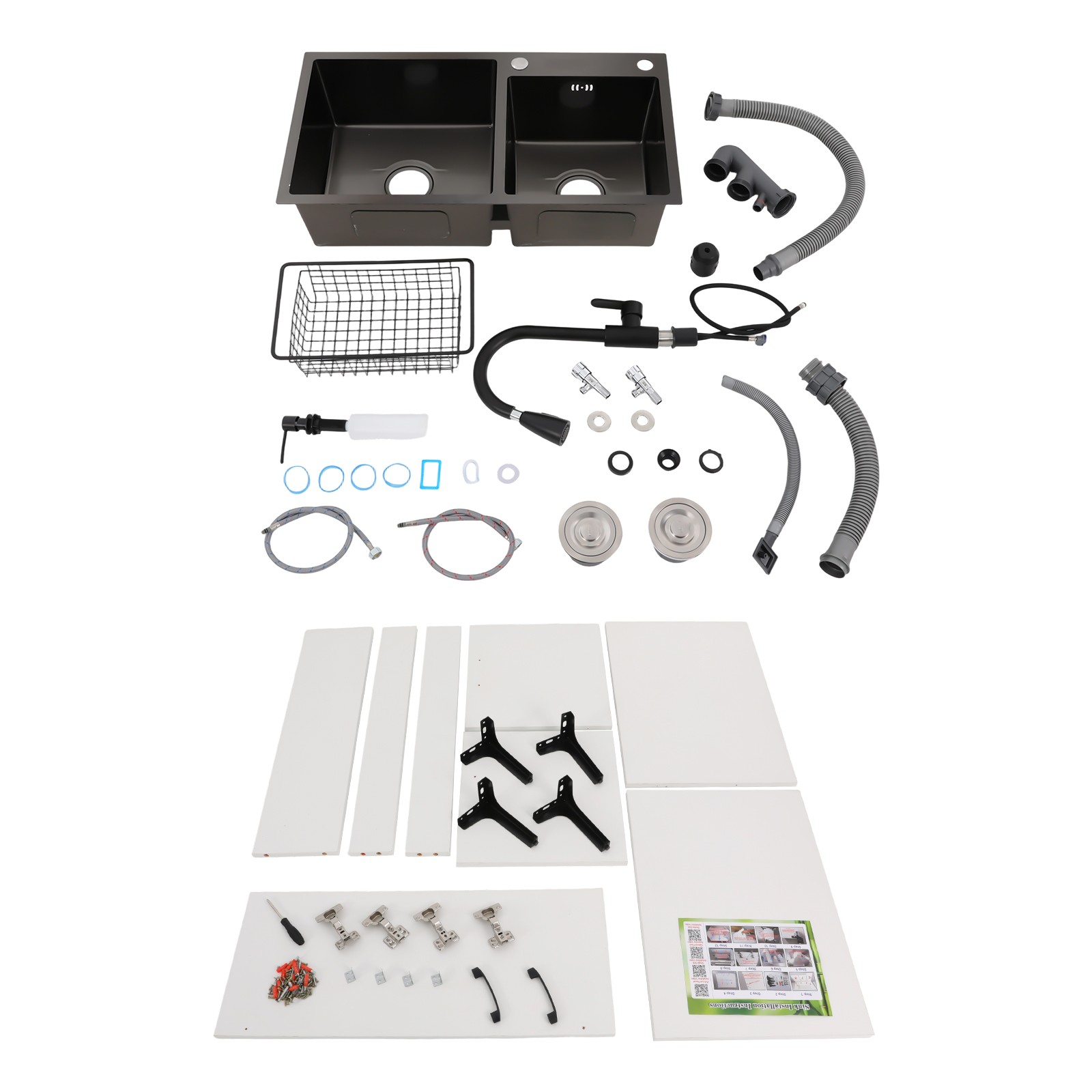 Stainless Steel Sink with Pull-Out Faucet and Cabinet Freestanding Kitchen Sink