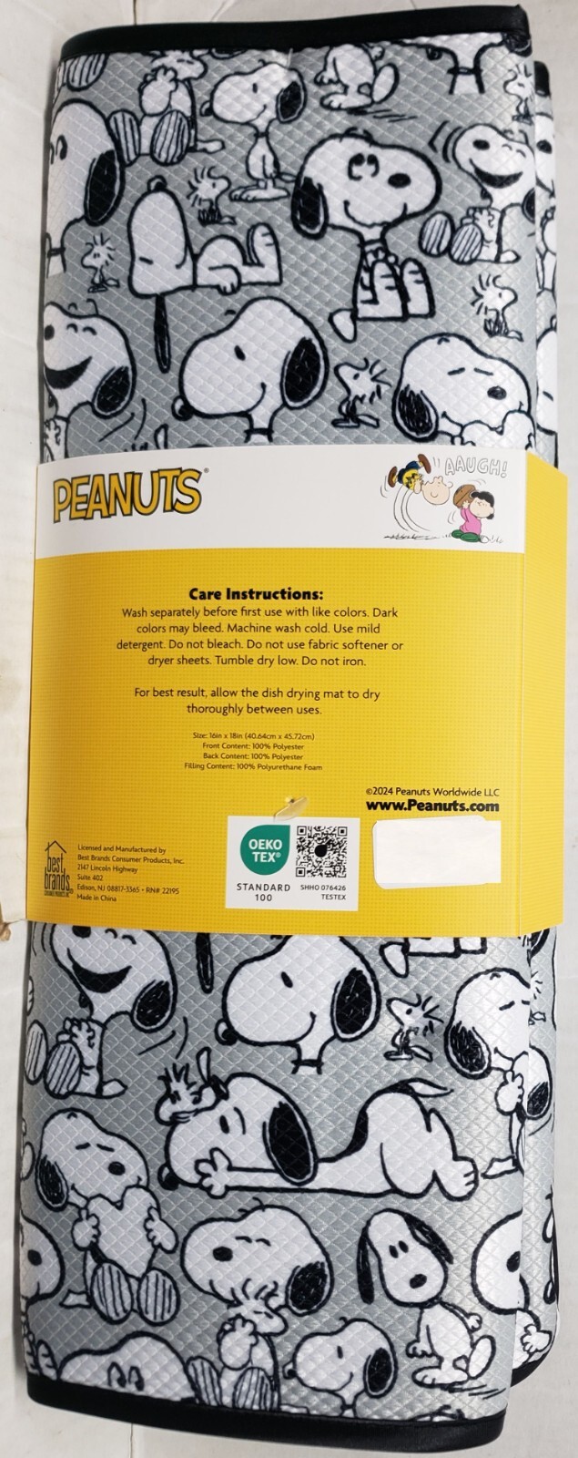 Microfiber Dish Drying Mat(16"x18") PEANUTS BLACK & WHITE SNOOPY DOGS ON GREY,BB