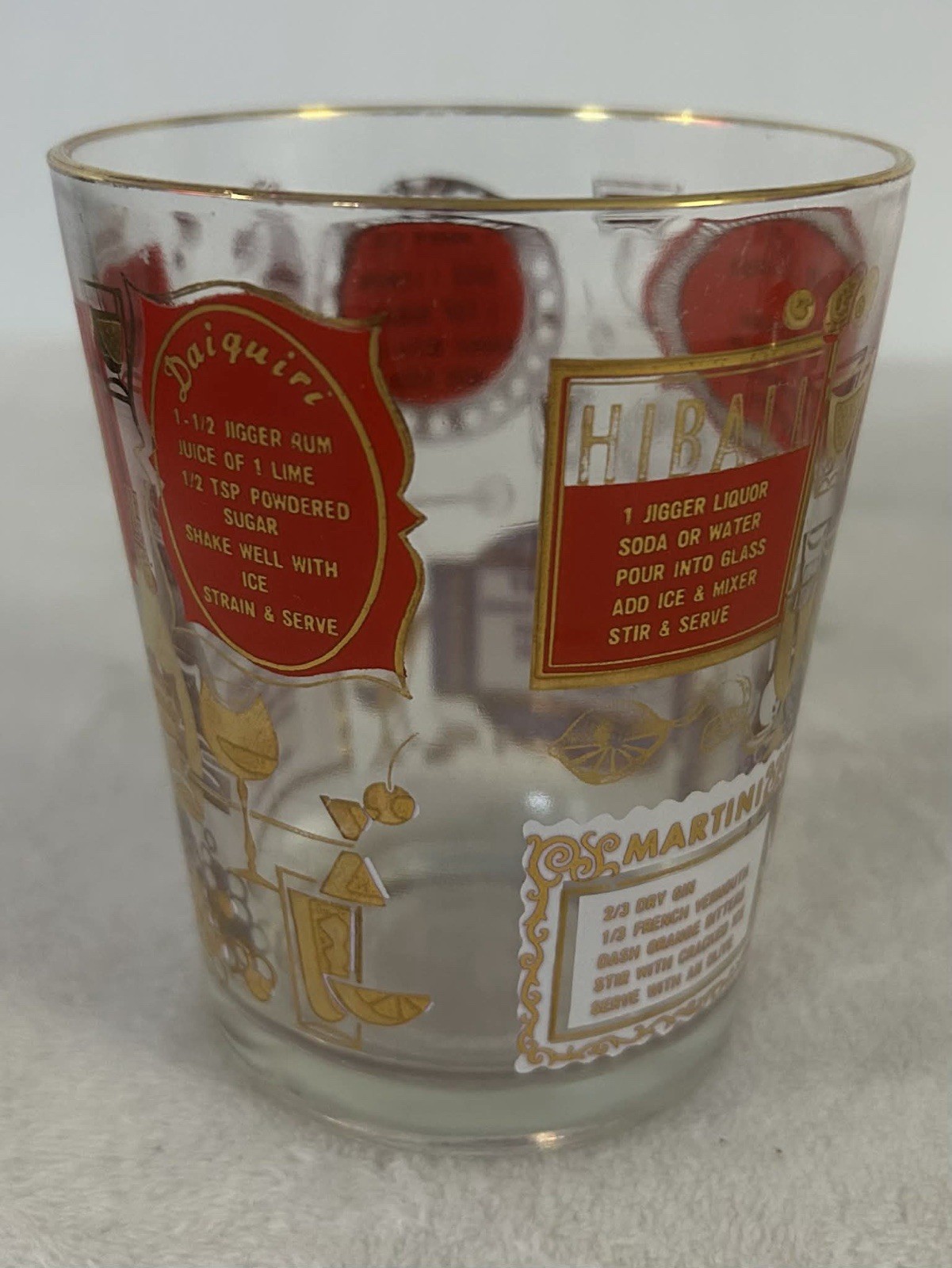 3 Vintage Jeannette Glass MCM Cocktail Recipes, Red/Gold 1950-1960s