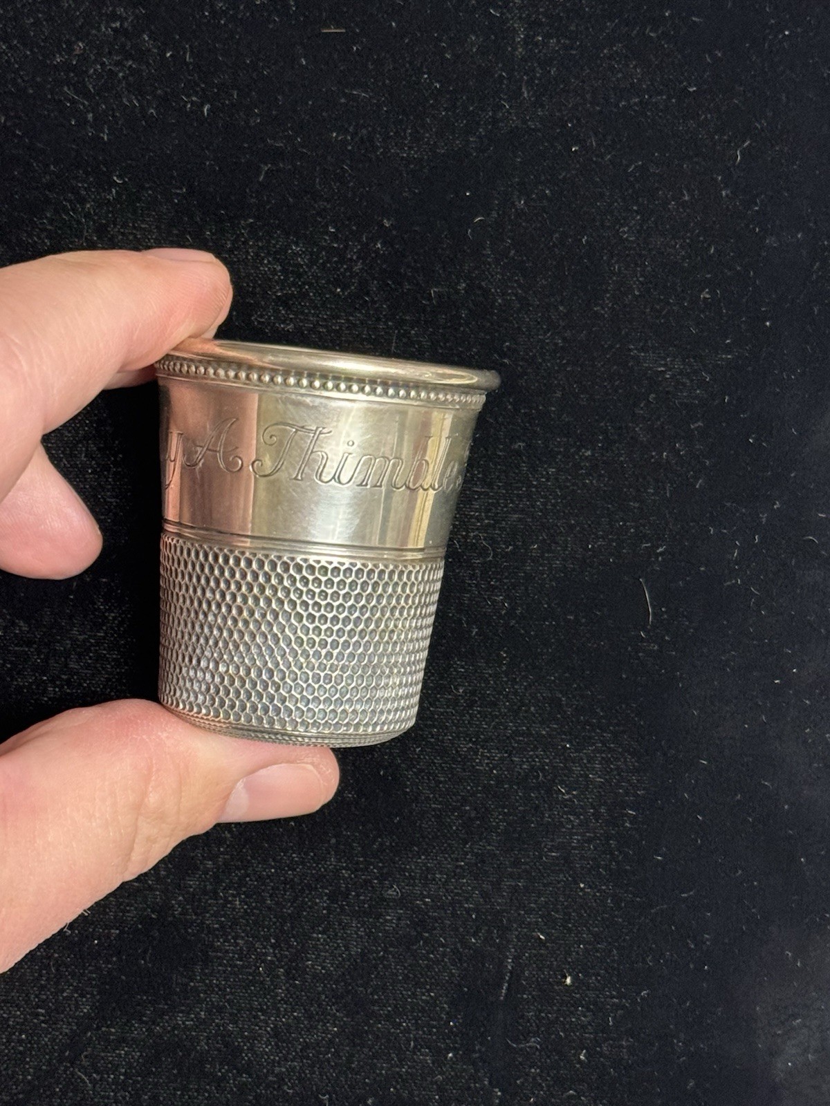 Antique Sterling "Only A Thimble Full" Shot Glass By Charles Thomae