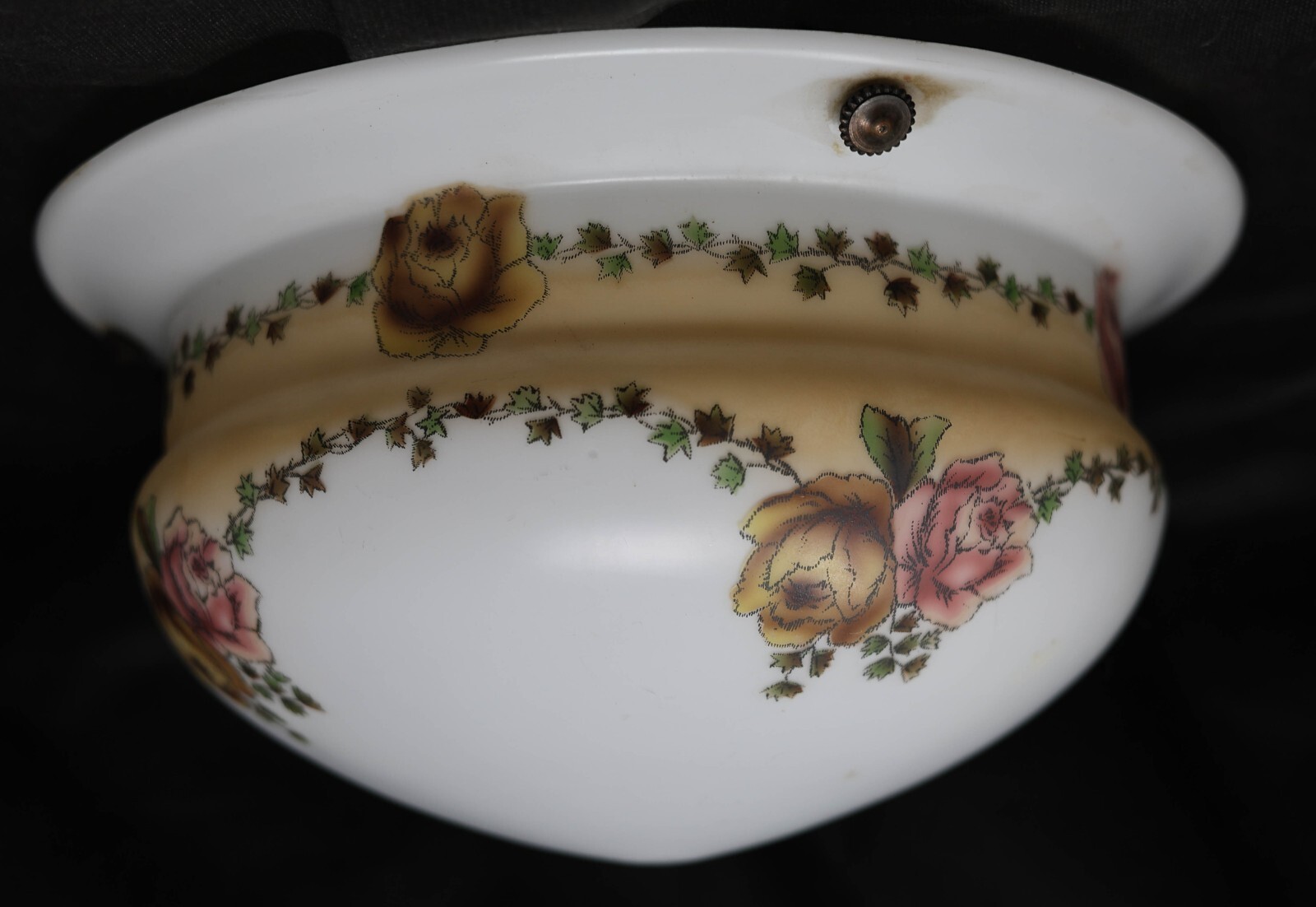 Vintage Large Hanging 3-Chain Glass Light Shade Lamp Part 14.25" Diam x 5" Roses