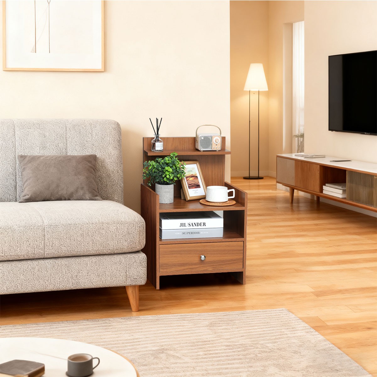 Wood Nightstand 1 Drawer & Open Shelf Bedside Table Retro Living Room Bedroom US