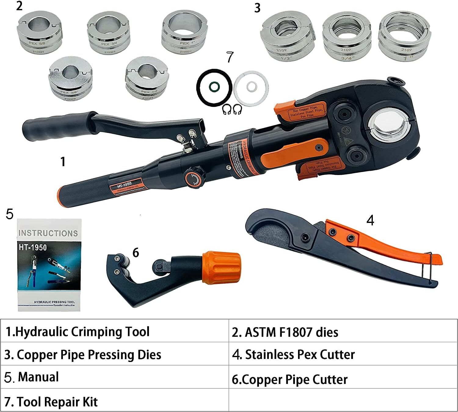 Copper Press Tool PEX Crimping Tool with 1/2", 3/4", 1" Dies for Copper Pipe