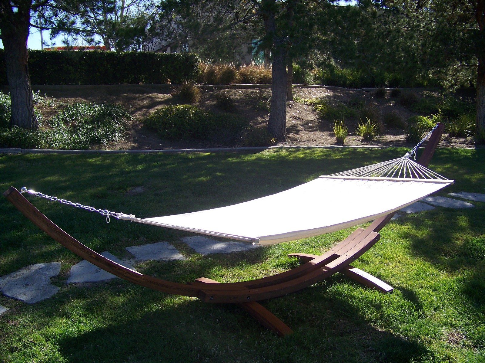 14' Coffee Stain Wooden Arc Hammock Stand + Quilted Beige Color Hammock Bed.