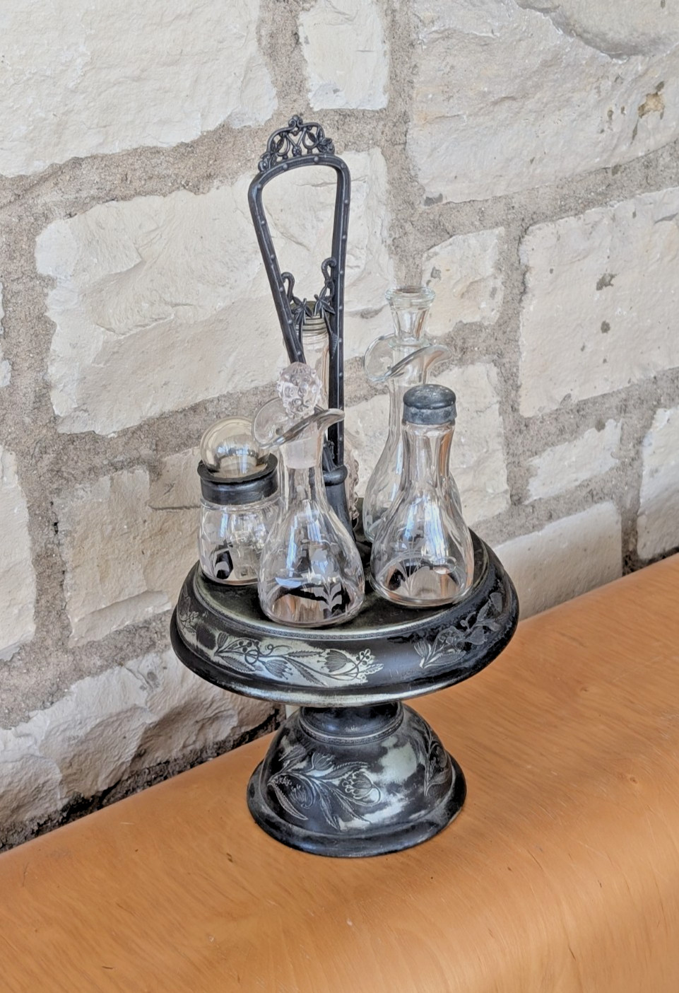 Antique Victorian Silverplate 7-piece Rotating Condiments Cruet Set w/Stoppers