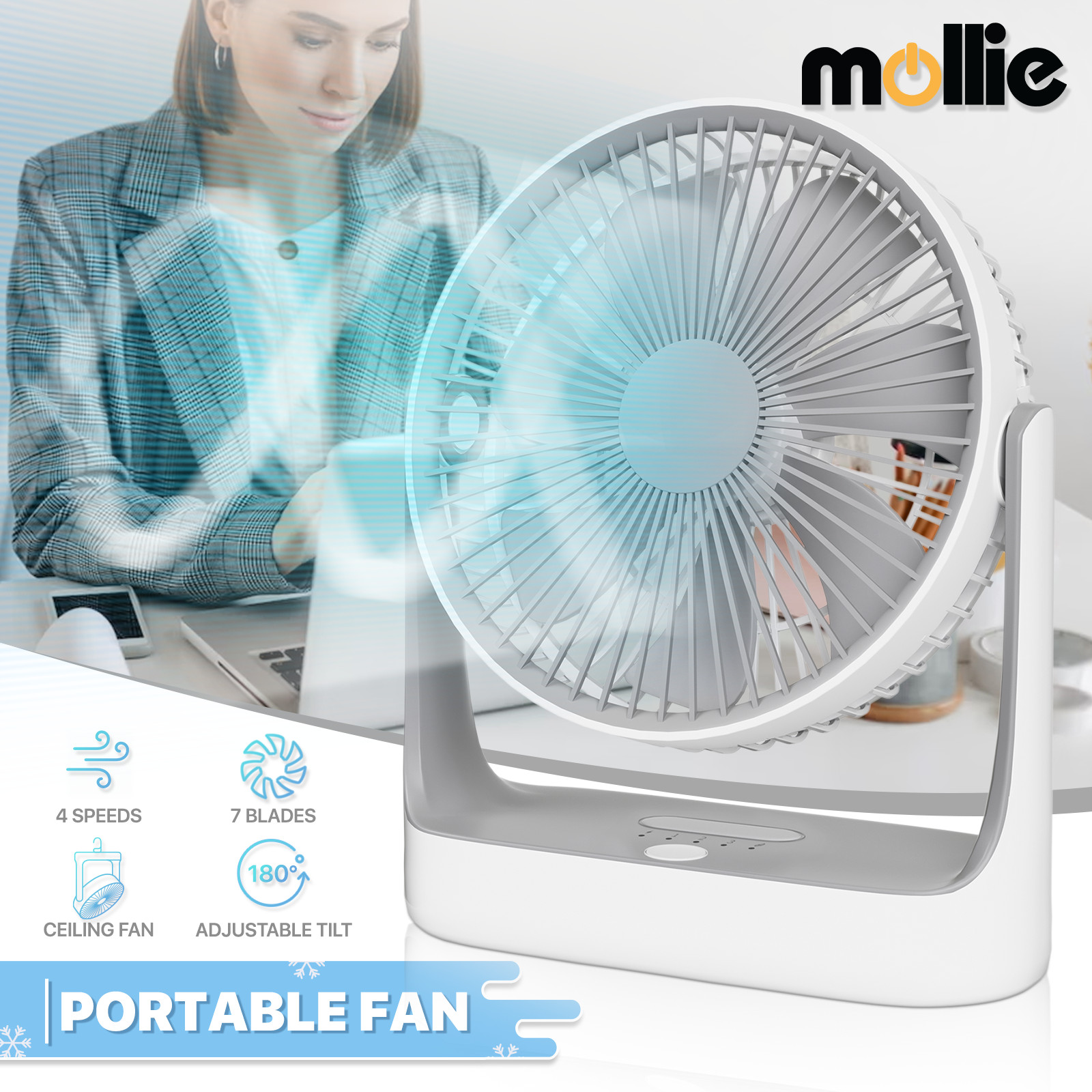 Portable Personal Desk Fan 4 Speed 180° Tilt USB Rechargeable Fan w/Hanging Hook