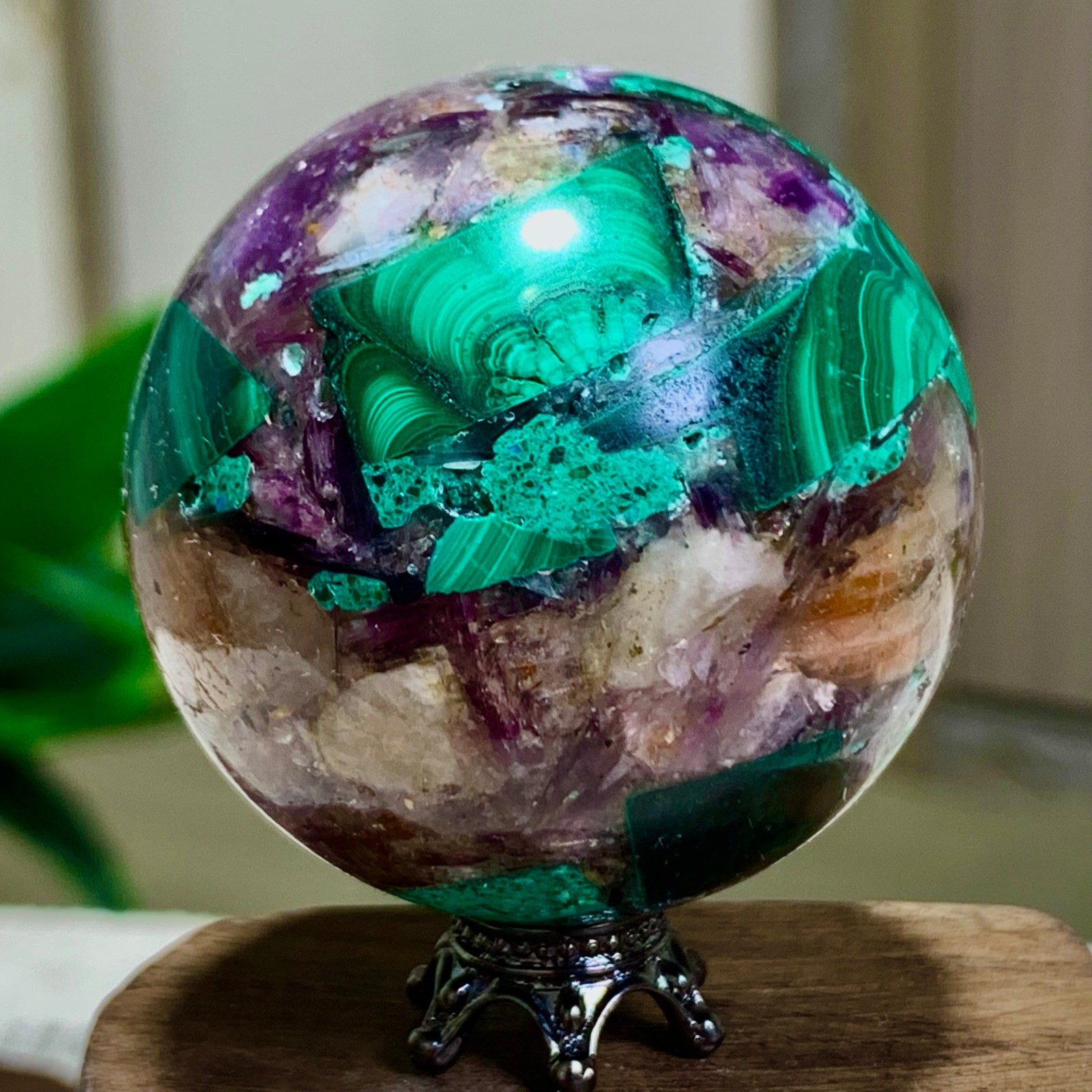 129G Newly discovered rare malachite purple mica symbiotic sphere restoration