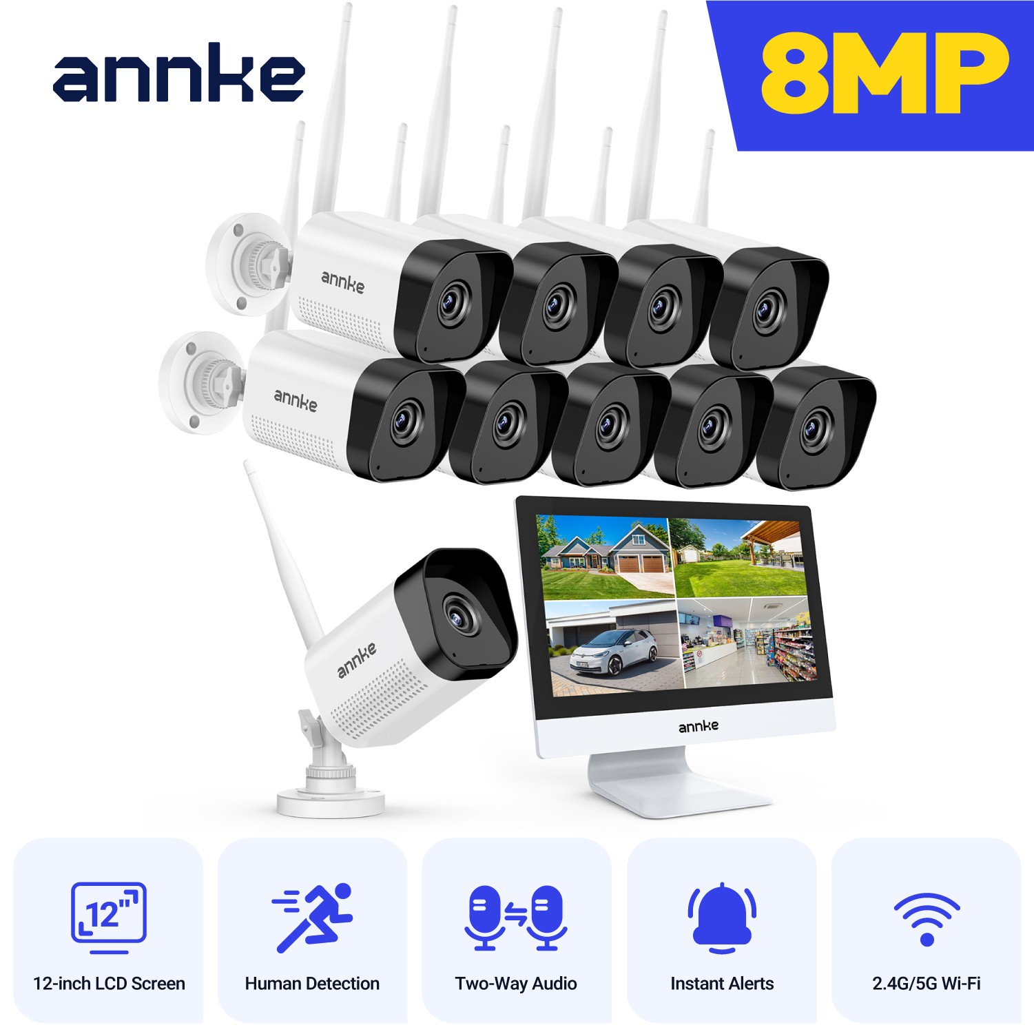 ANNKE 4K 10CH 12” Monitor Wireless 8MP WIFI Security Camera System Two Way Audio