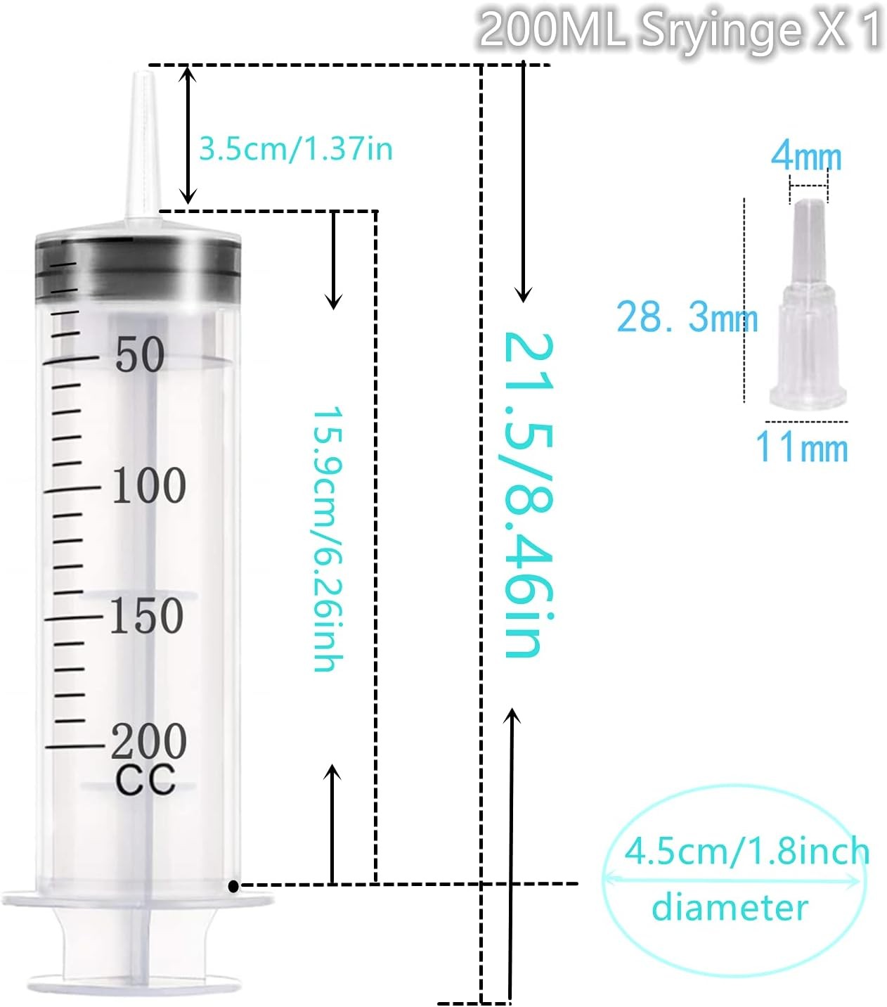 200ml 200cc Large Measurement Syringe with 40 inch Plastic Tubing Hoses, for...