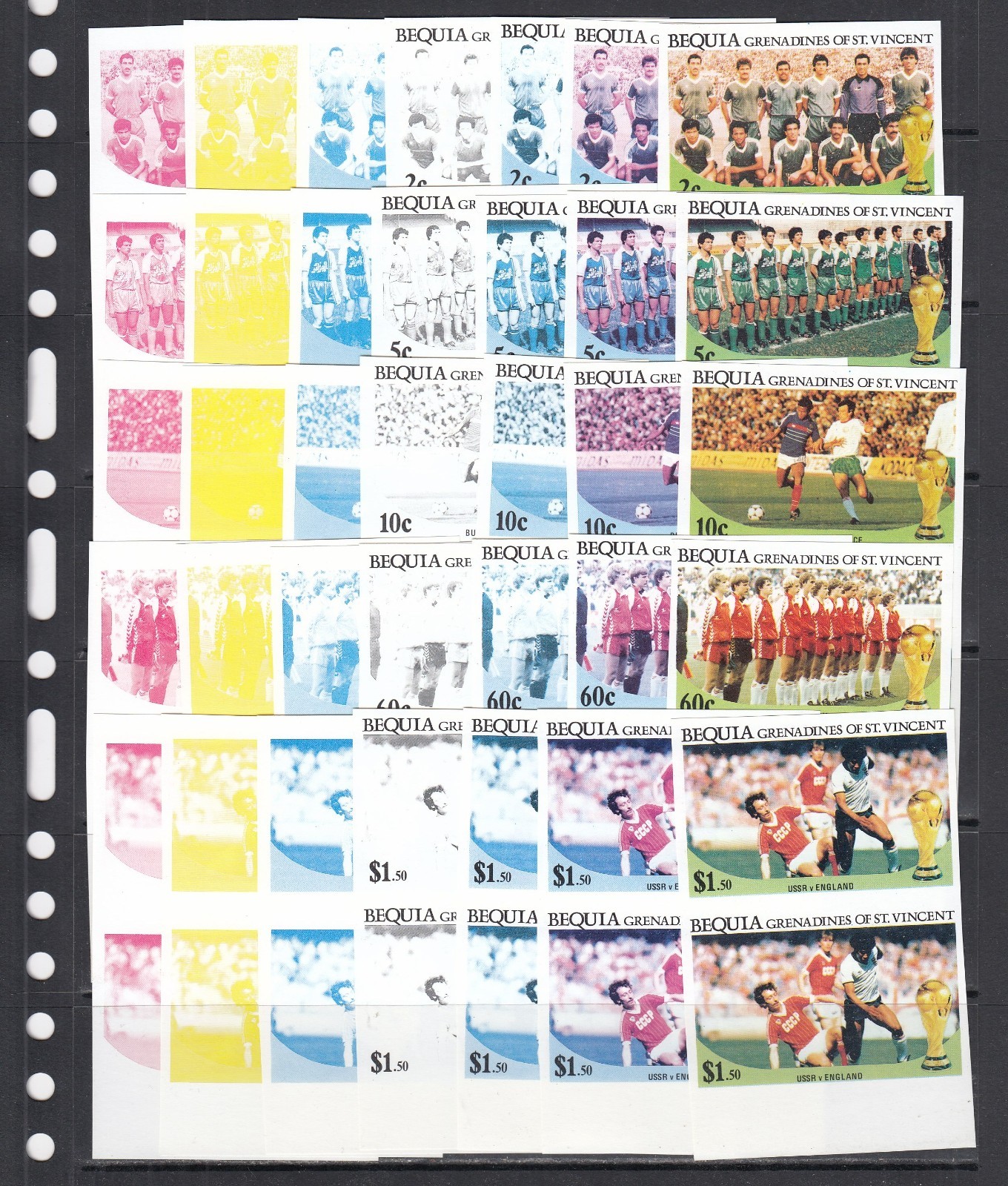 World Cup Soccer Football 1986 Bequia St Vincent Color Proof 5 v X 2 X 7 Types