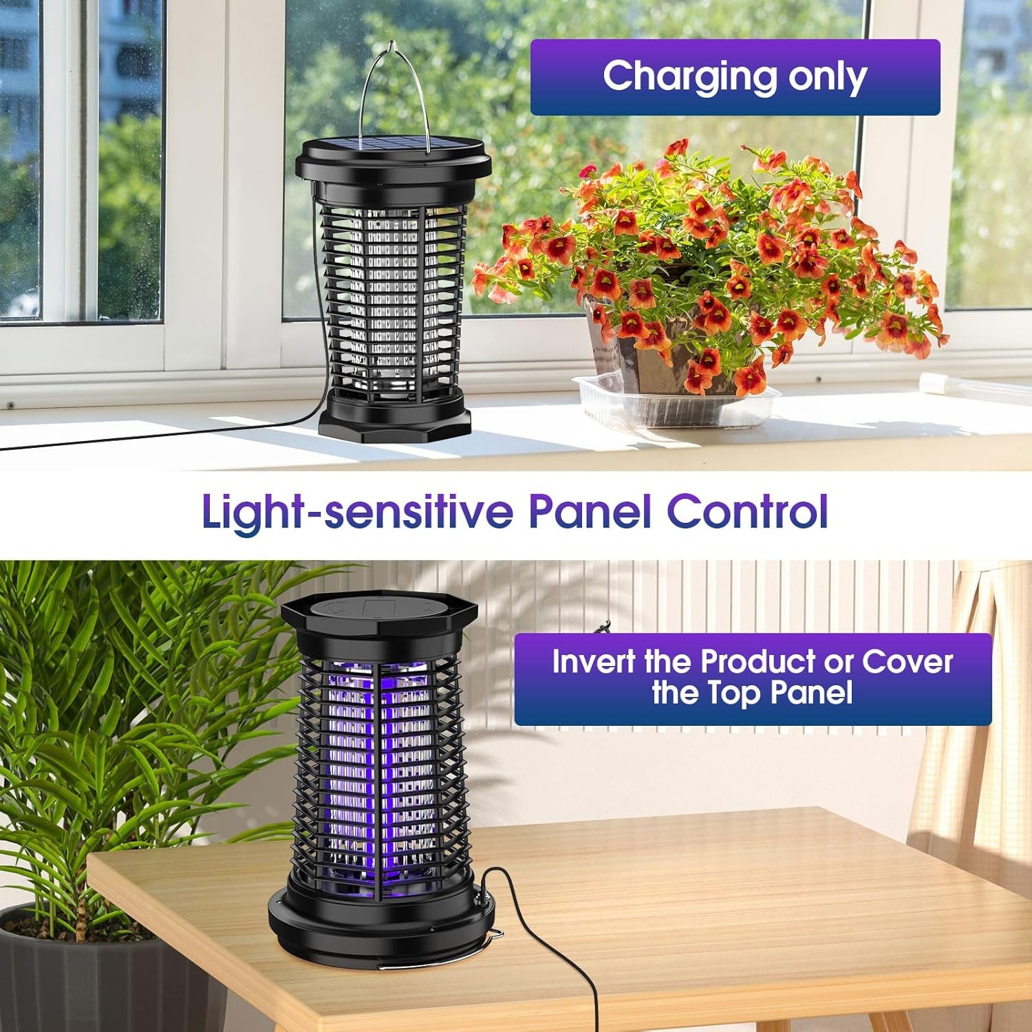 Solar Bug Zapper Outdoor Mosquito Zapper 4500V Waterproof Rechargeable Fly Zappe
