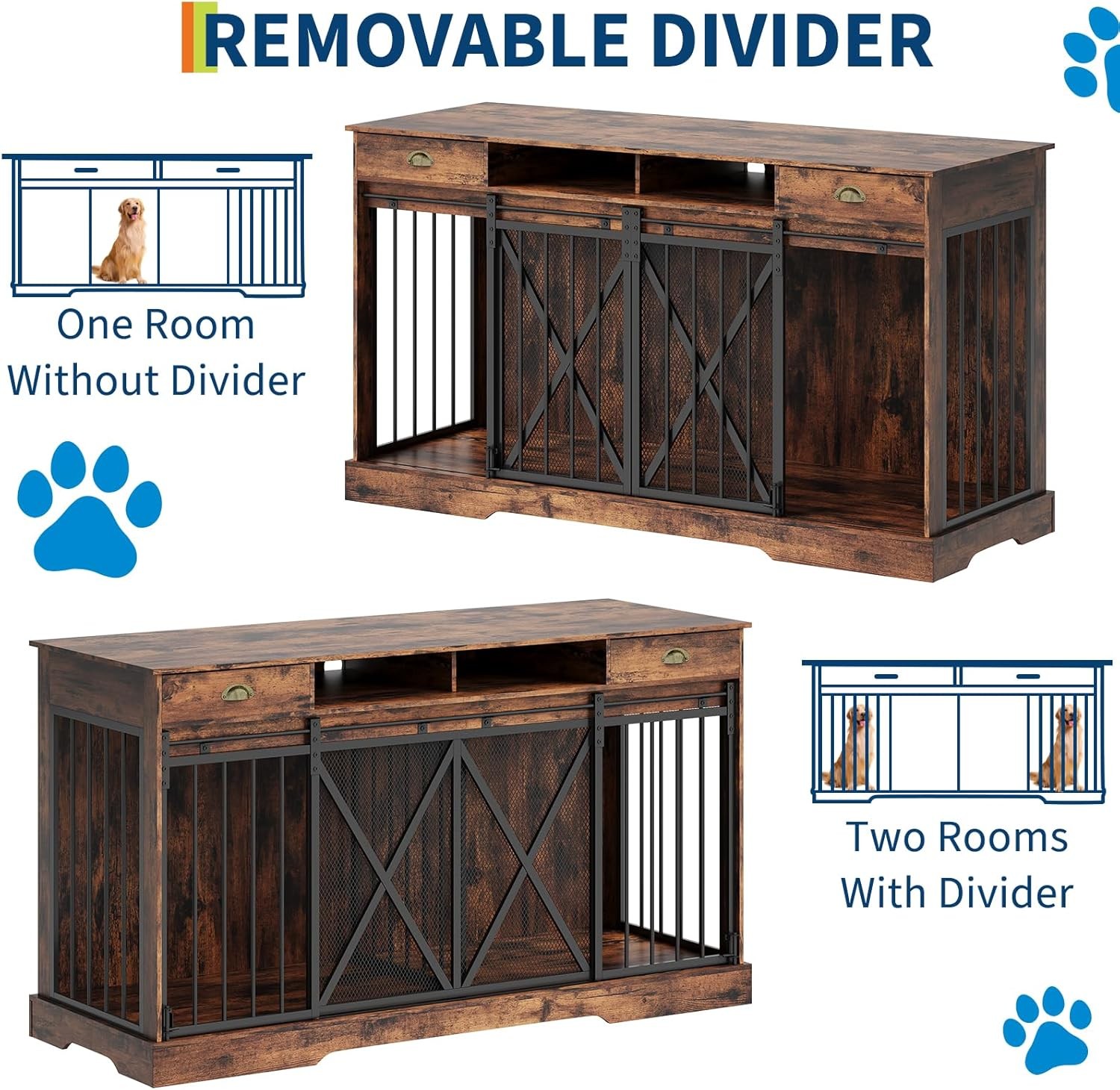 63 inch Wooden Double Dog Crate Dog Kennel Furniture TV Stand w/Divider& Drawers