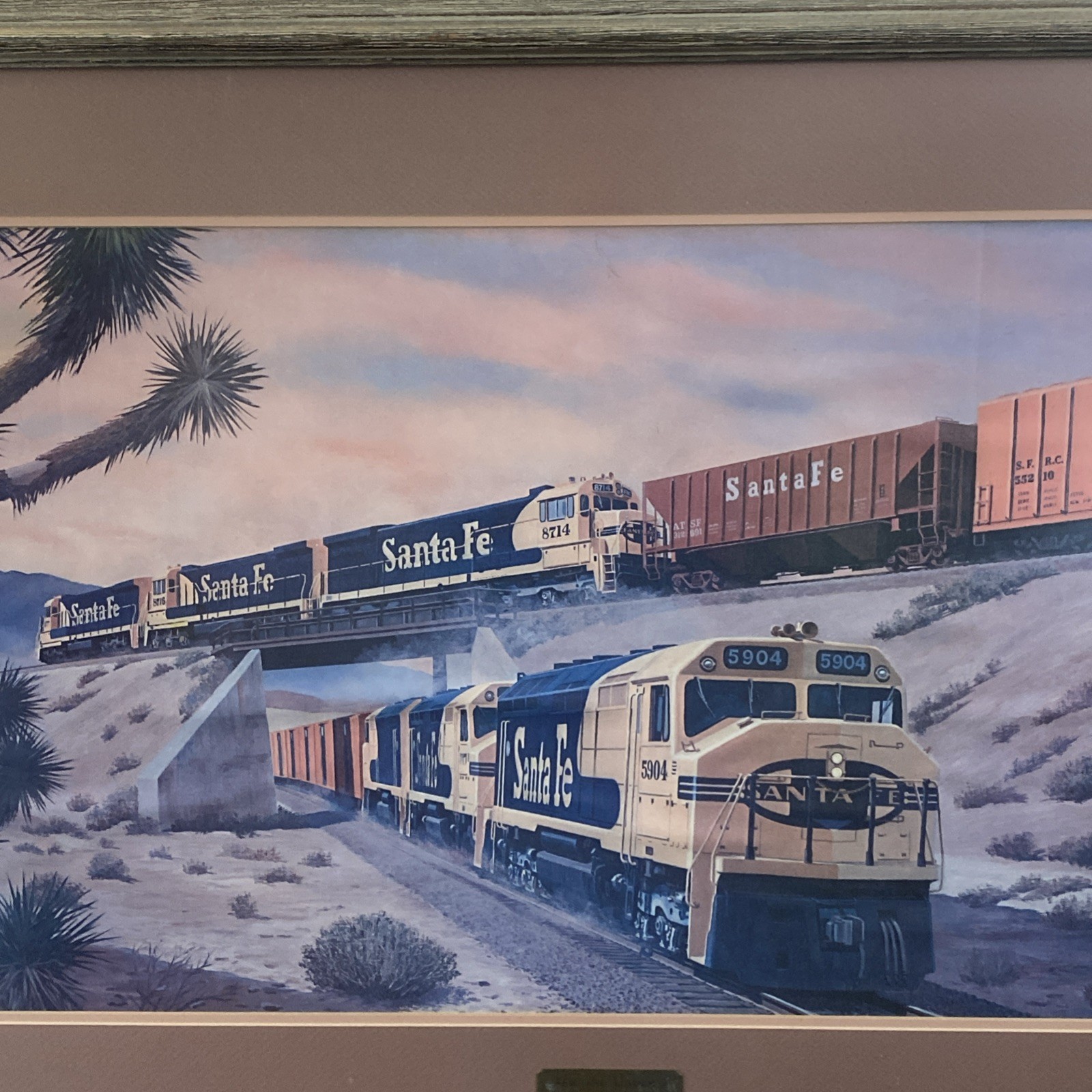 VINTAGE SANTA FE TRAINS ADVERTISEMENT LARGE FRAMED PRINT FOGG 41”x31”