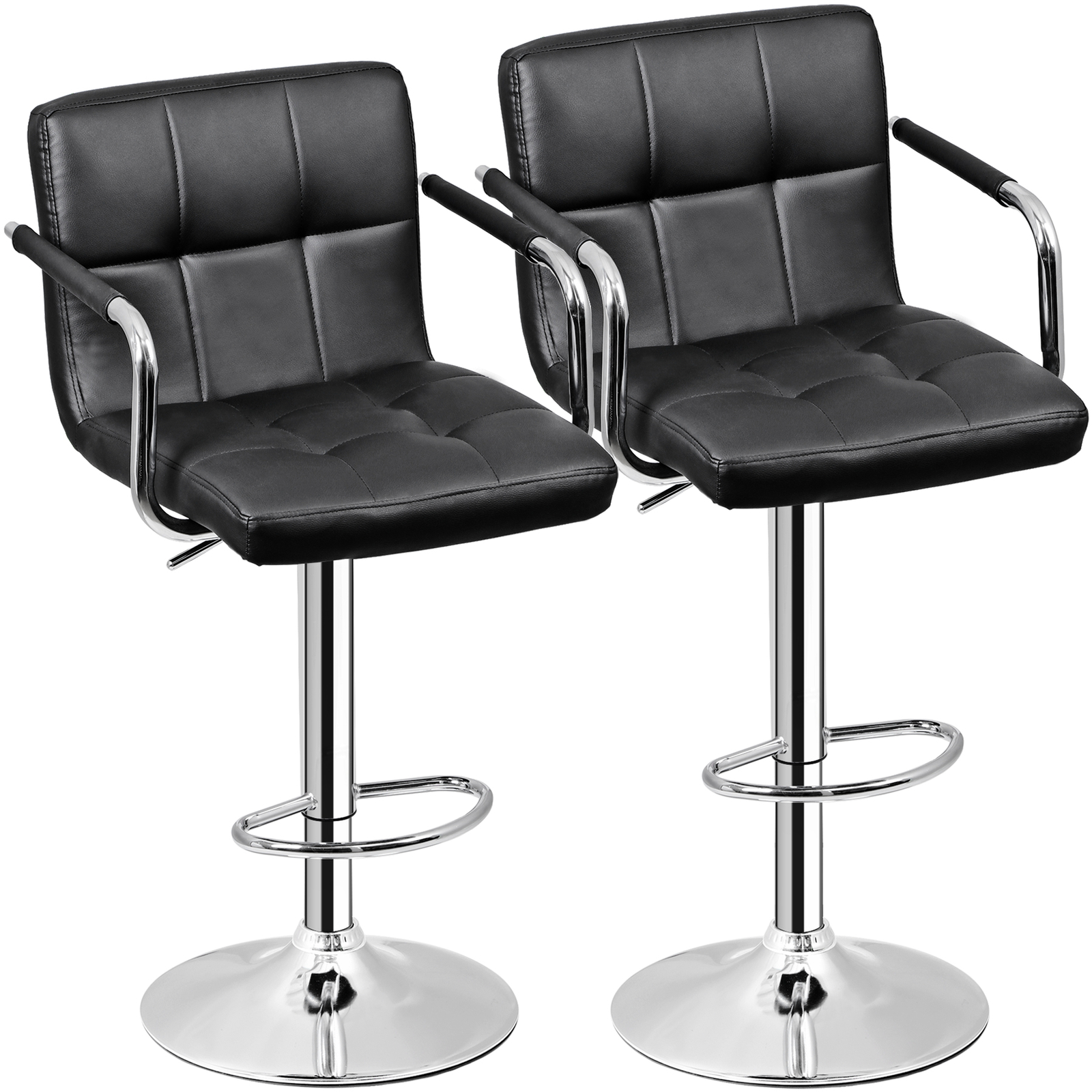 Modern PU Leather Bar Stools Set of 2 Adjustable Swivel Barstools w/ Back & Arms