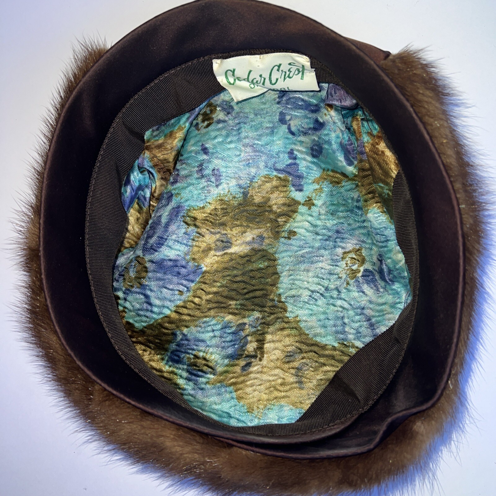 Vintage 1950s Cedar Crest Original Brown Mink Satin Pillbox Shaped Hat EUC